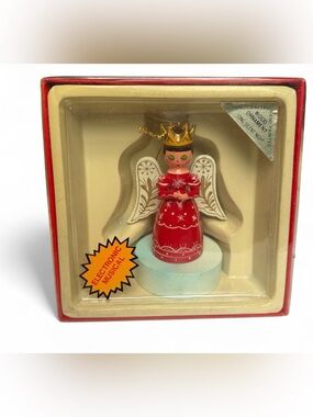 Vtg 80s telco red white gold angel wings Musical Wooden Ornament Christmas